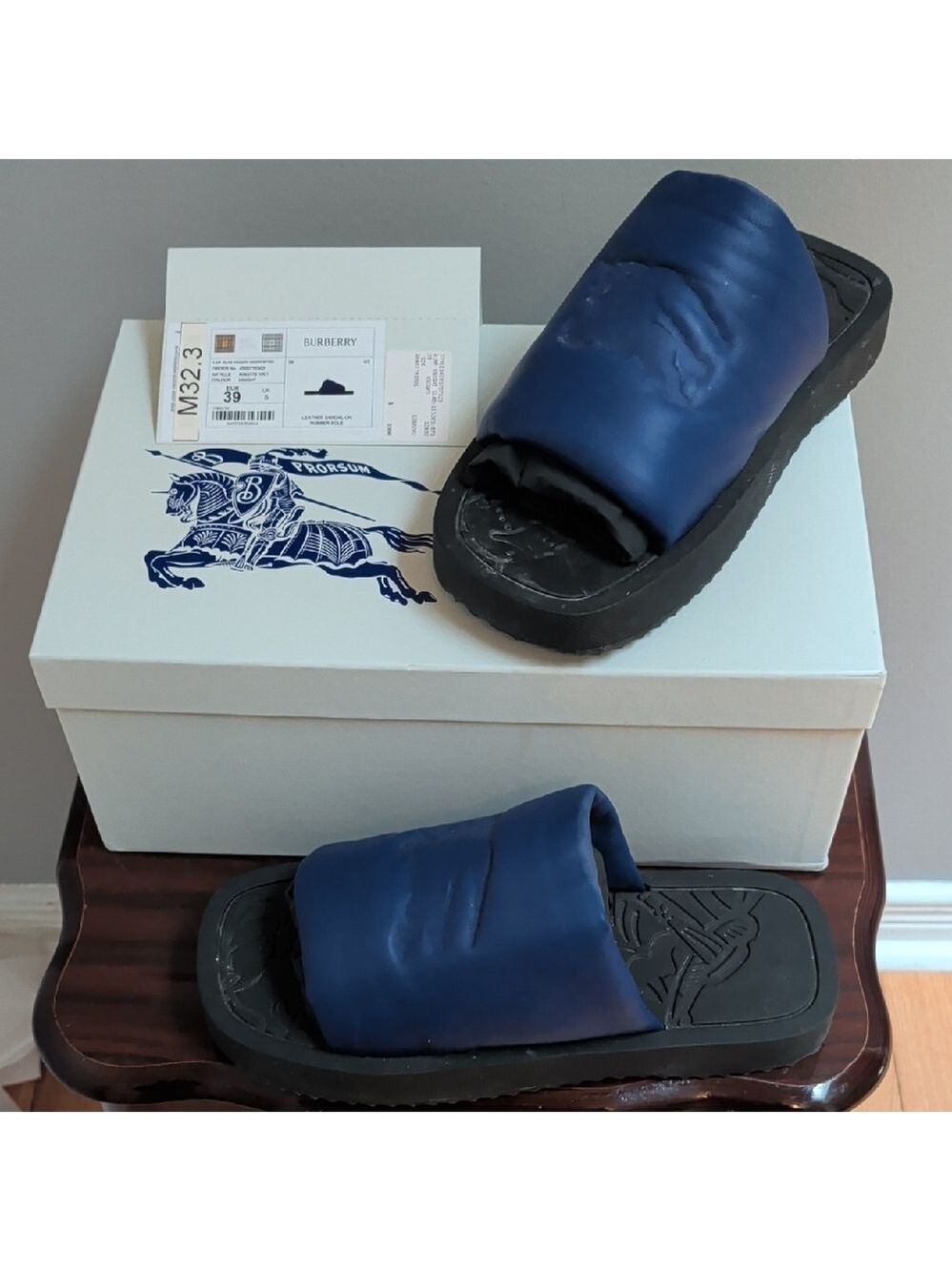 Burberry Knight Slab Deep Blue EKD Padded Leather Pool Slides Size 39